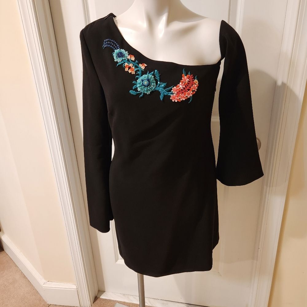 Rachel Zoe black dress size 8, beautiful 3D floral design on top, bell sleeves.